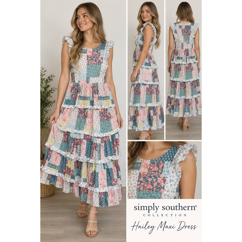 NWT Simply Southern Hailey Maxi Dress S Patchwork Quilt Floral Cottagecore